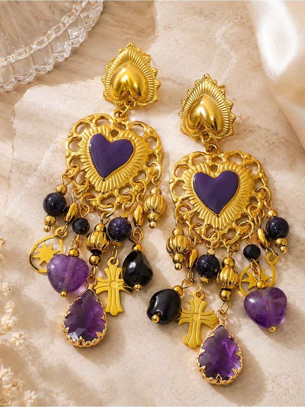 Purple Heart Charm Statement Earrings | Gold Plated| Vintage Gothic Boho Jewelry